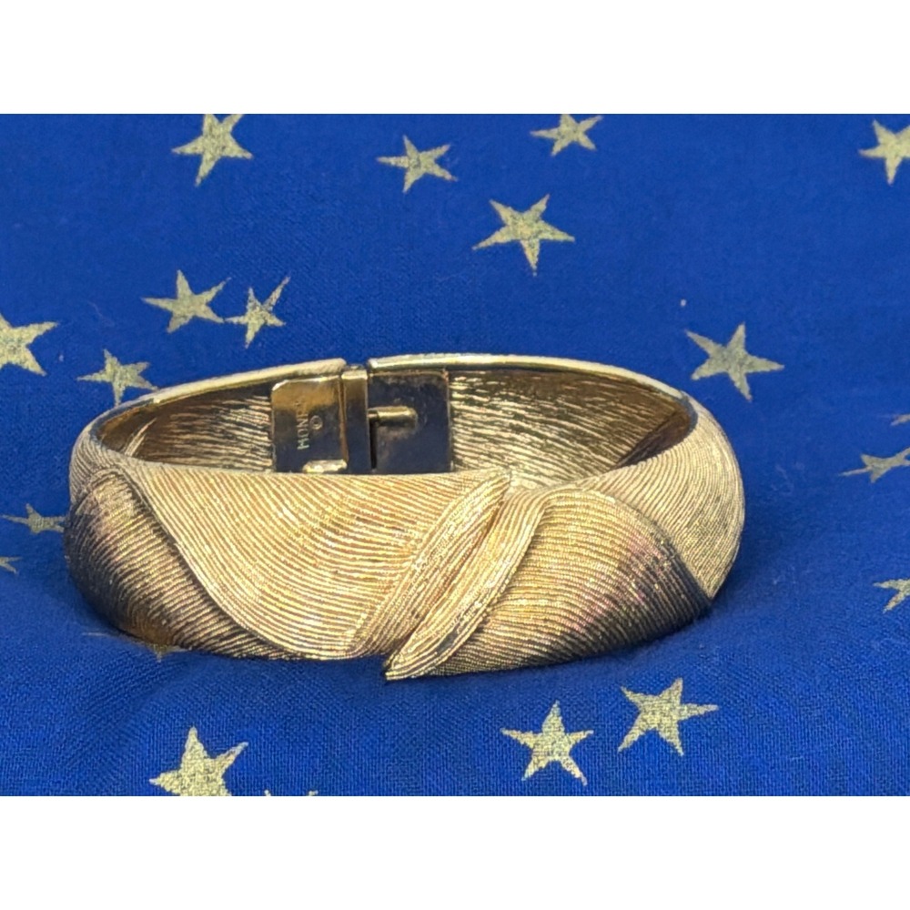 Vintage Monet Brushed Gold Tone Textured Hinged Bangle Bracelet Statement